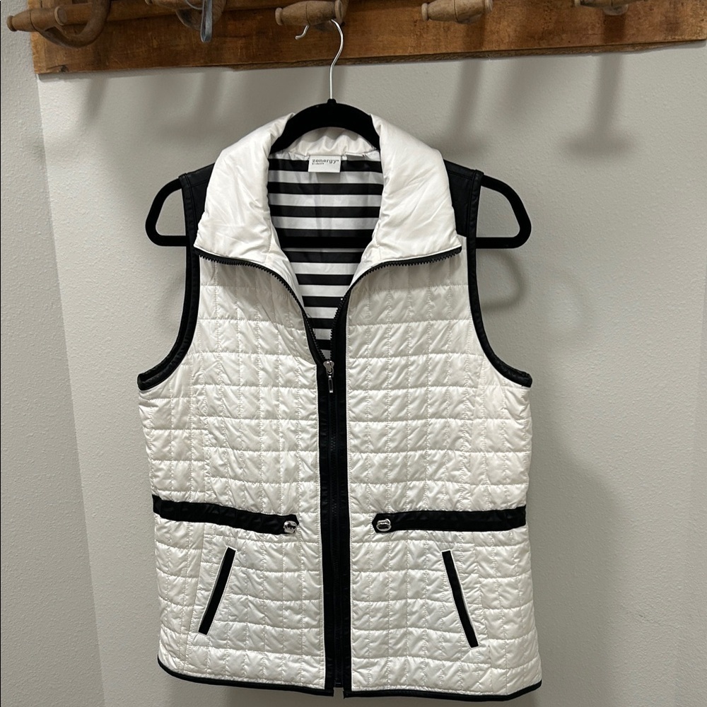 Chico's Quilted Vest - White with Black Faux leather Trim